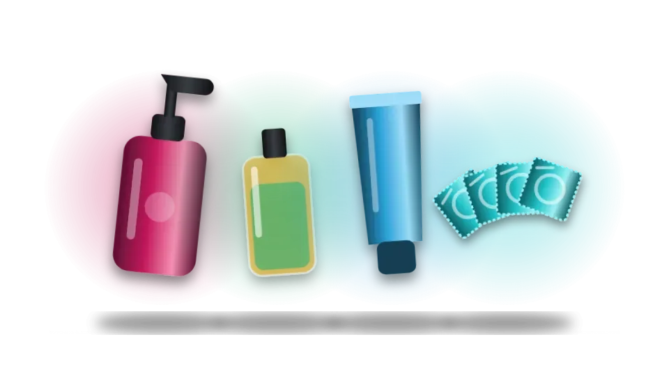 Drawing: a pump bottle of lube, a glass bottle, a gel tube and condom wrappers