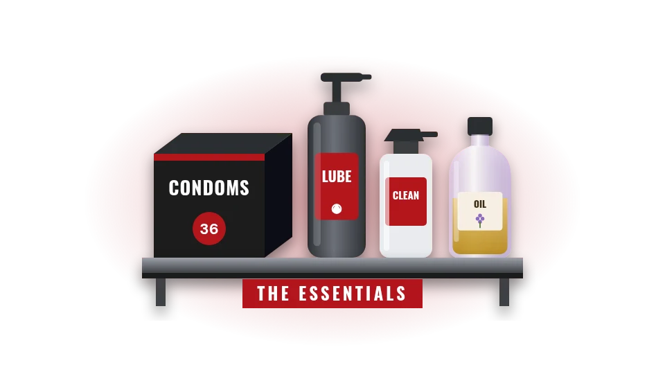 Condoms, lube, toy cleaner and massage oil on a steel shelf