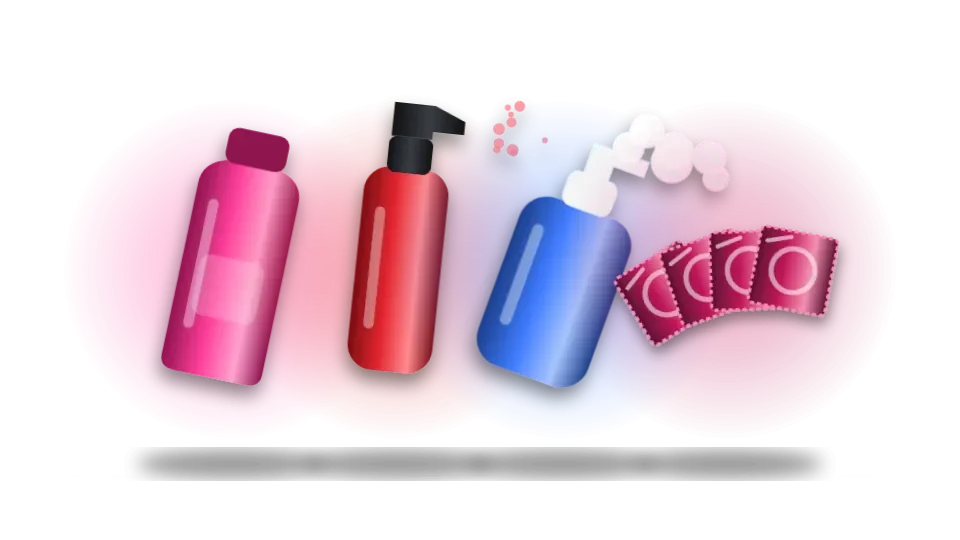 Drawing: a lube bottle, toy-cleaner spray, foaming cleaner and condom wrappers