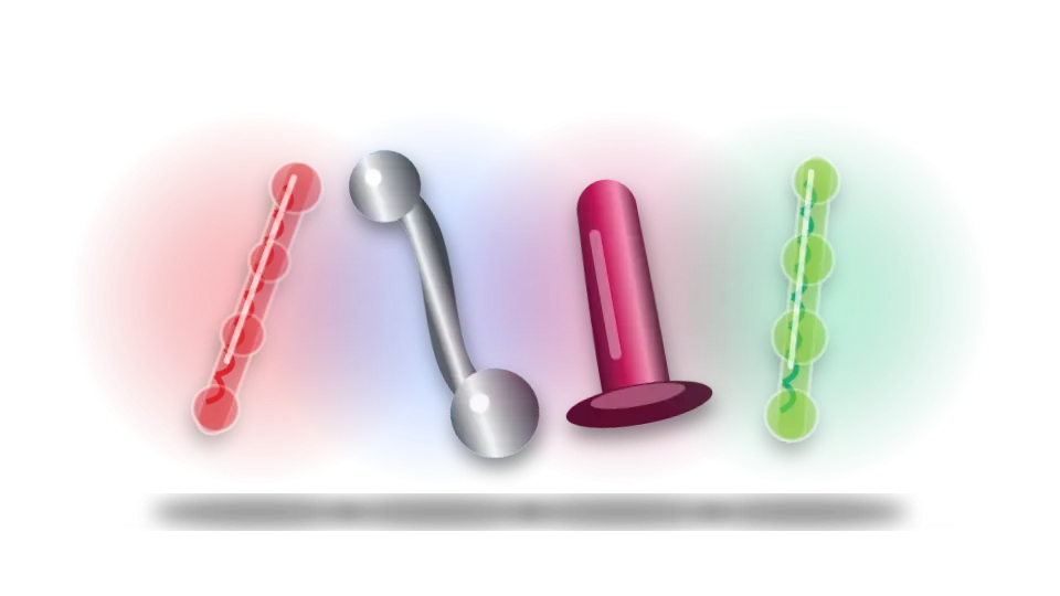 Drawing: a glass wand, a steel wand and smooth silicone toys on a shelf